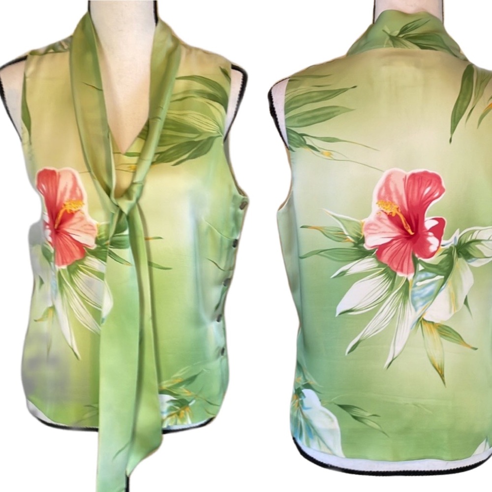 Tommy Bahama Green Tropical Silk Tie-Neck Sleeveless Top with Pink Hibiscus